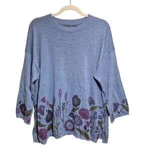 Gudrun Sjoden Womens Sweater Size L Pullover 100% Cotton Blue Tight Knit Flowers